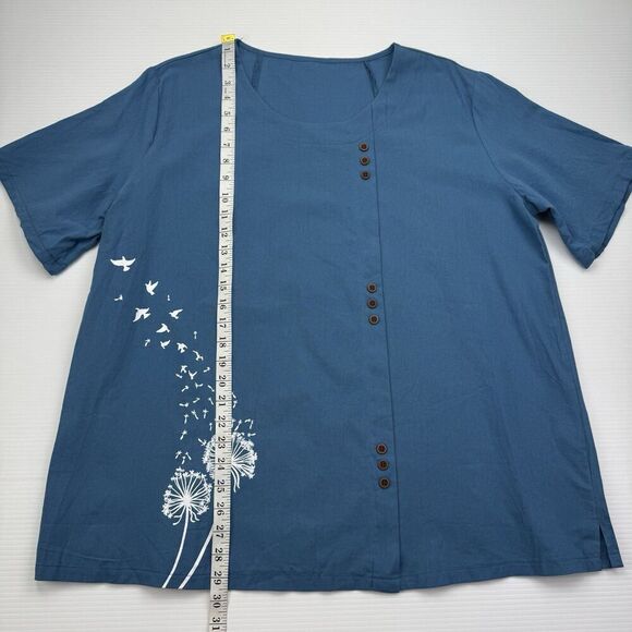 Blue Top Birds Dandelions Short Sleeve Buttons Size XL Lightweight - Picture 8 of 8